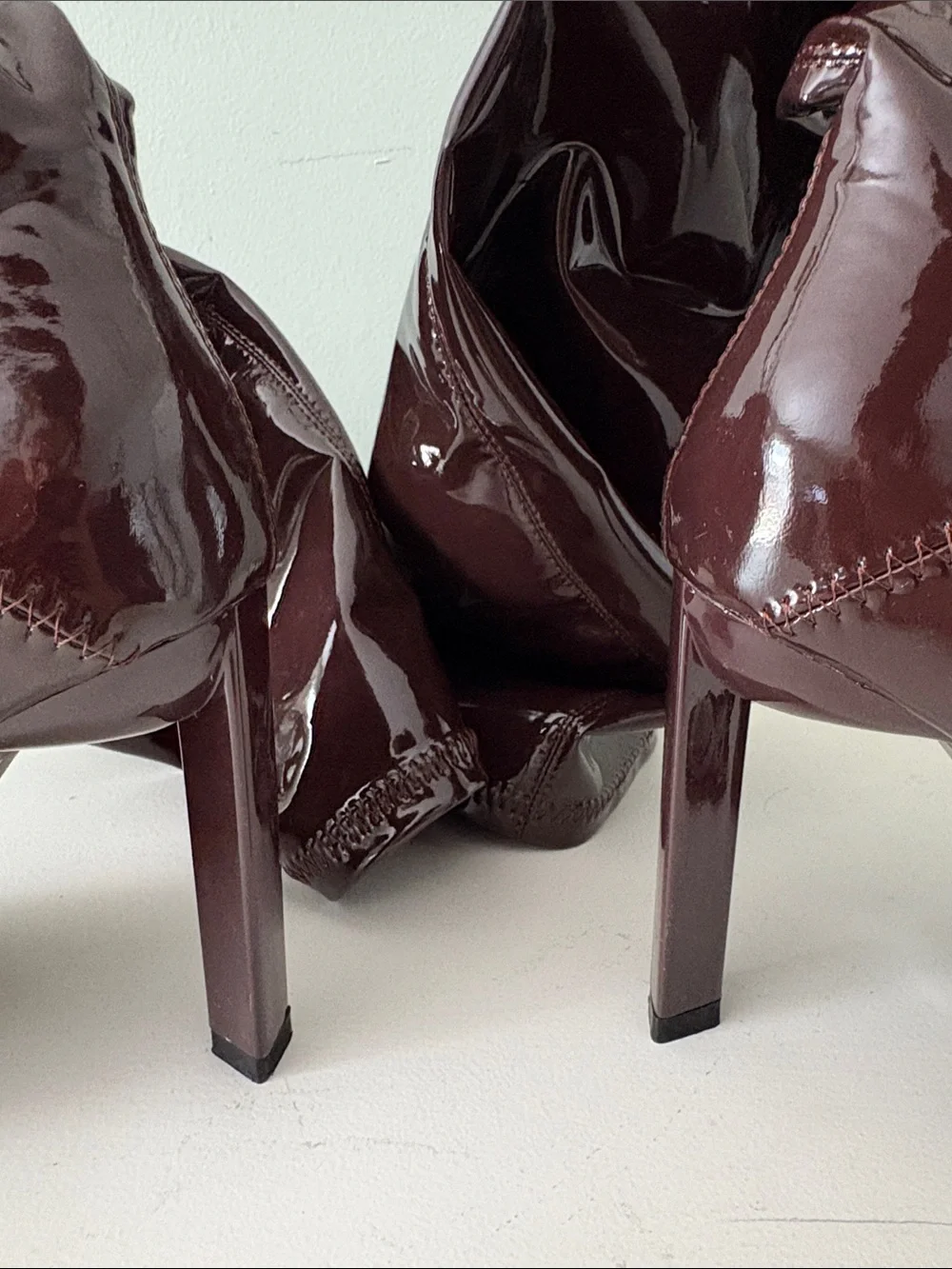 Patent Over-the-Knee Stiletto Boots in Dark Brown